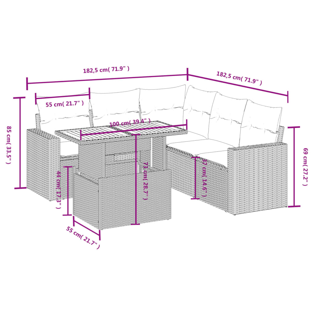 vidaXL 6-delige Loungeset met kussens poly rattan zwart afbeelding