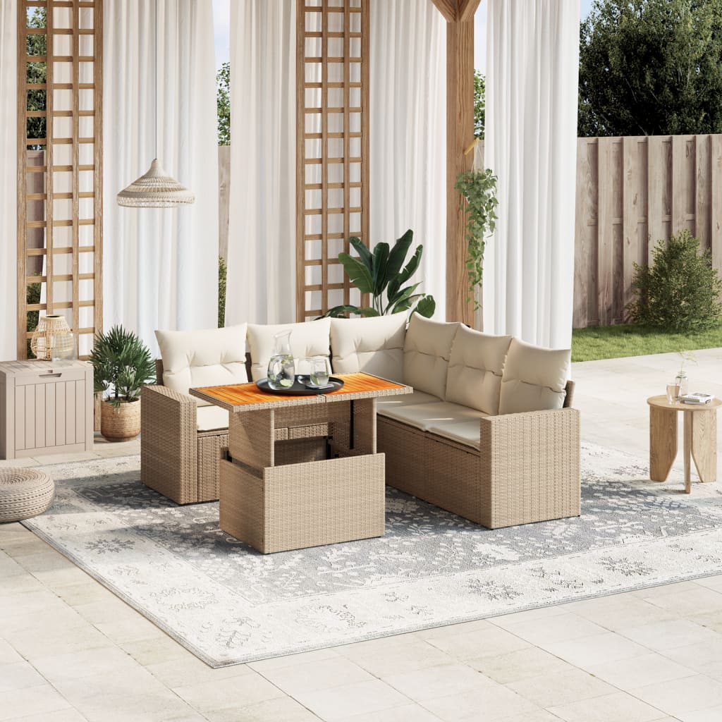 vidaXL 6-tlg. Garten-Sofagarnitur mit Kissen Beige Poly Rattan