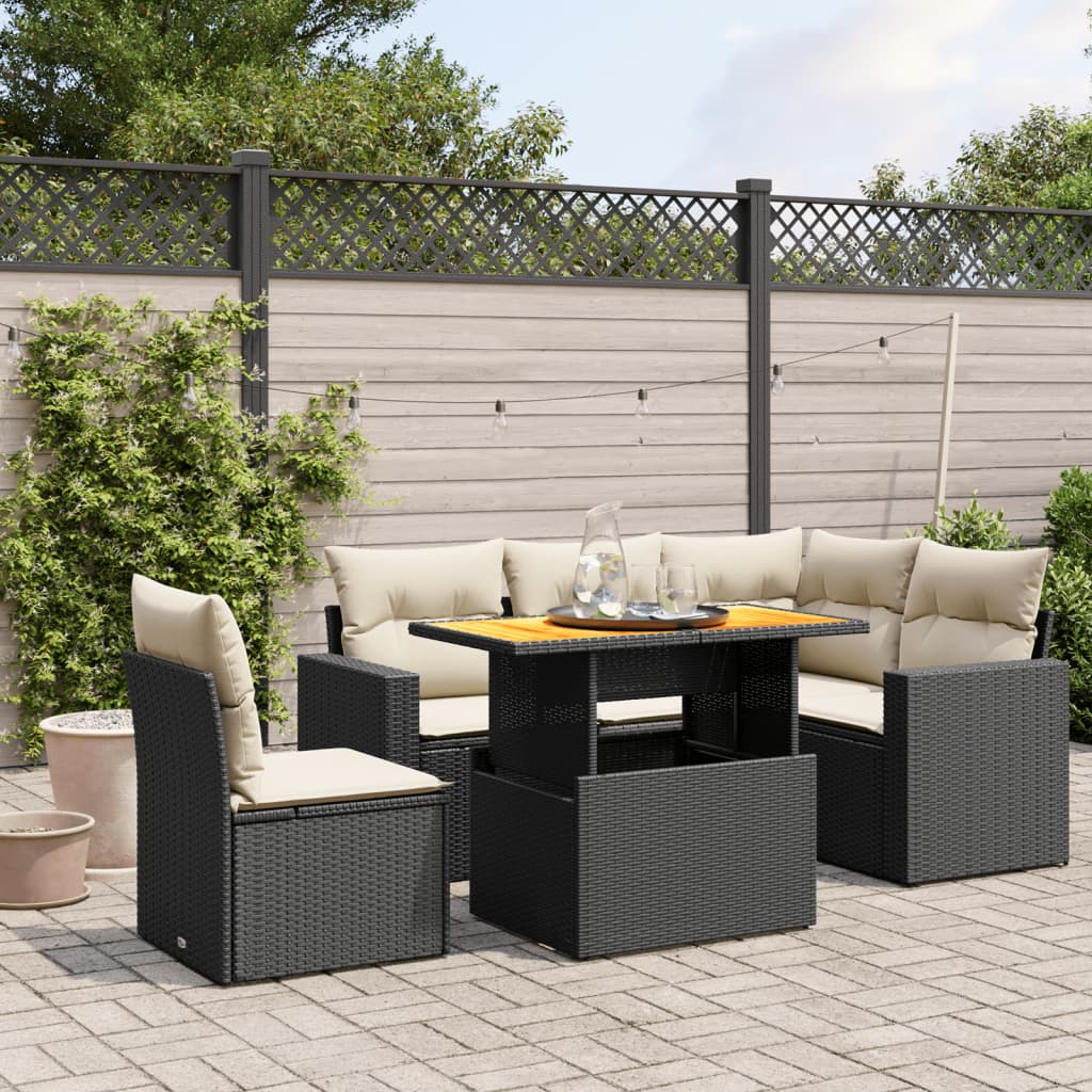 6-tlg. Garten-Sofagarnitur mit Kissen Schwarz Poly Rattan