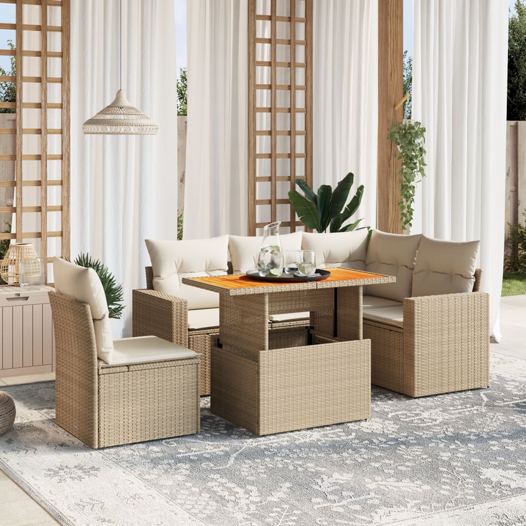 vidaXL 6-tlg. Garten-Sofagarnitur mit Kissen Beige Poly Rattan