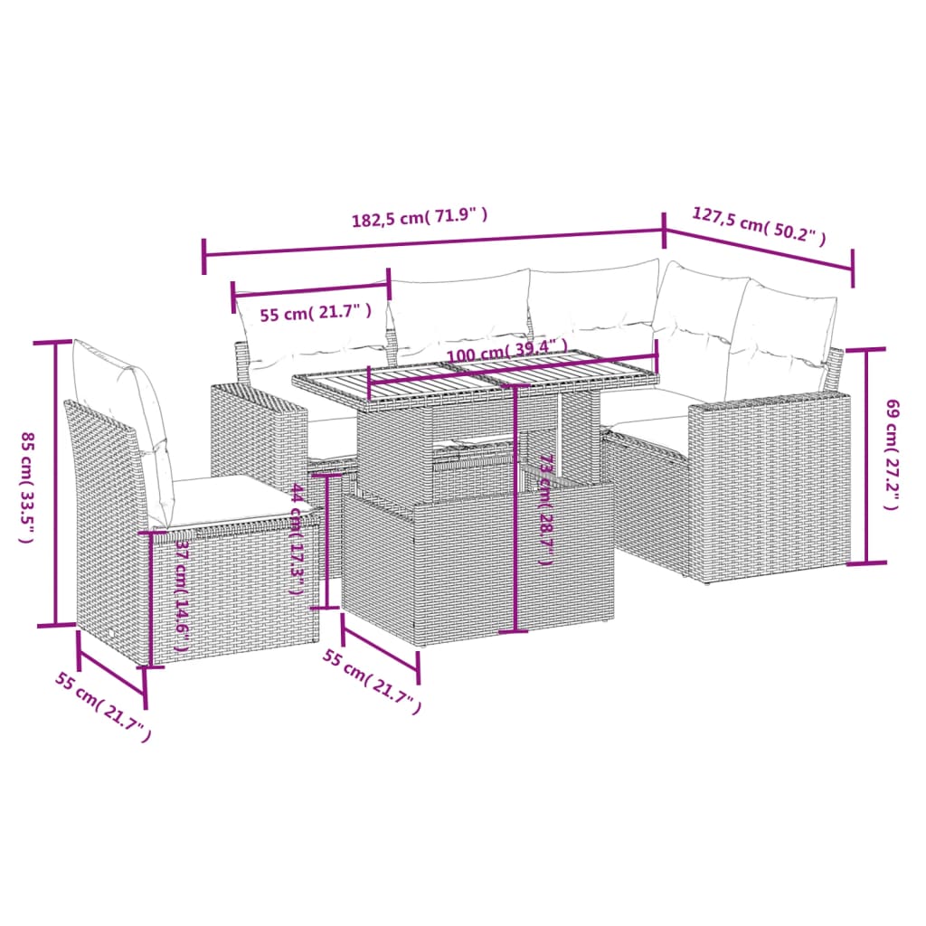 vidaXL 6-delige Loungeset met kussens poly rattan grijs afbeelding