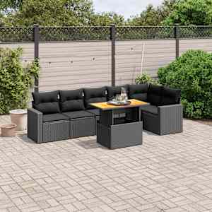 Vrtna sedežna garnitura 7-delna z blazinami črn poli ratan