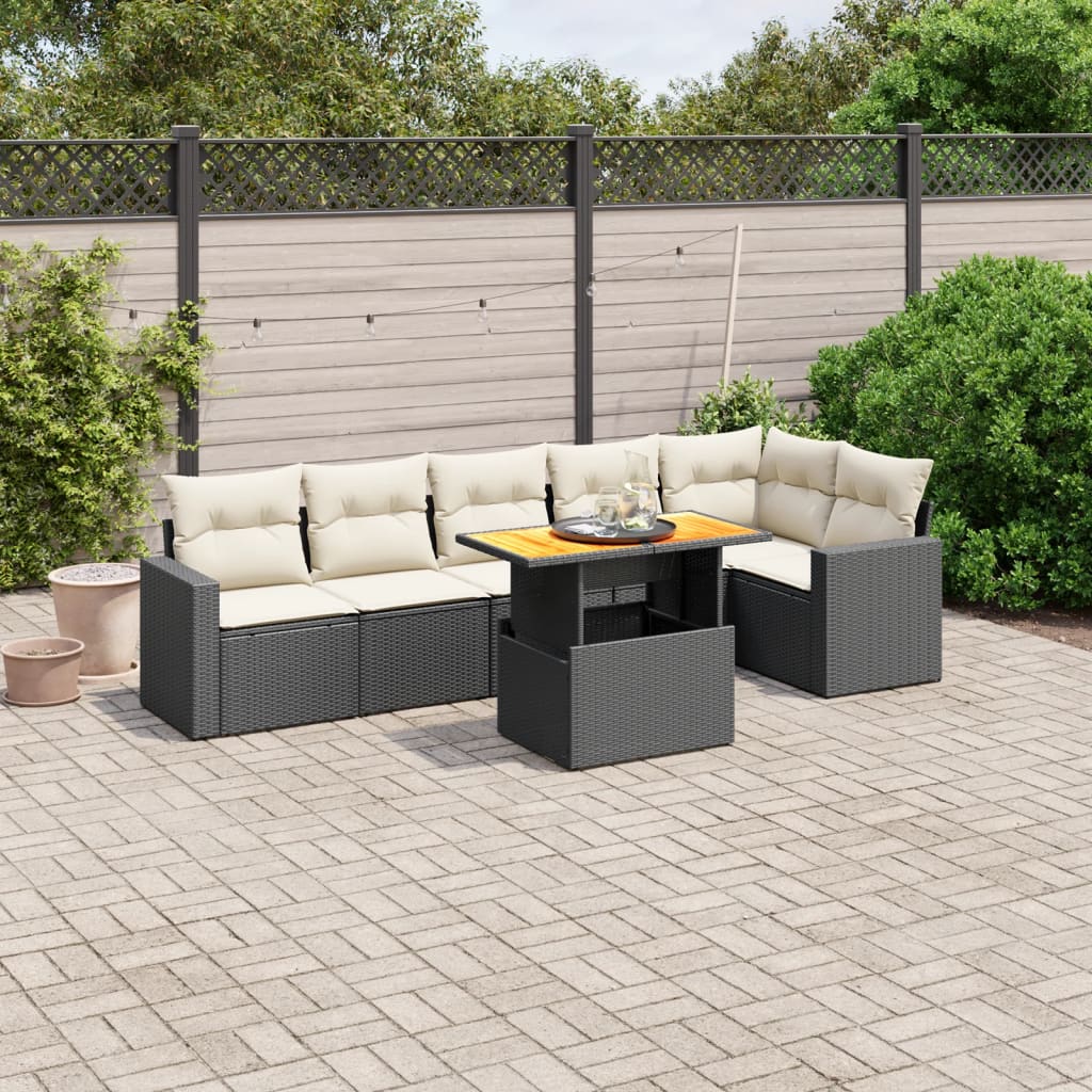 7-tlg. Garten-Sofagarnitur mit Kissen Schwarz Poly Rattan