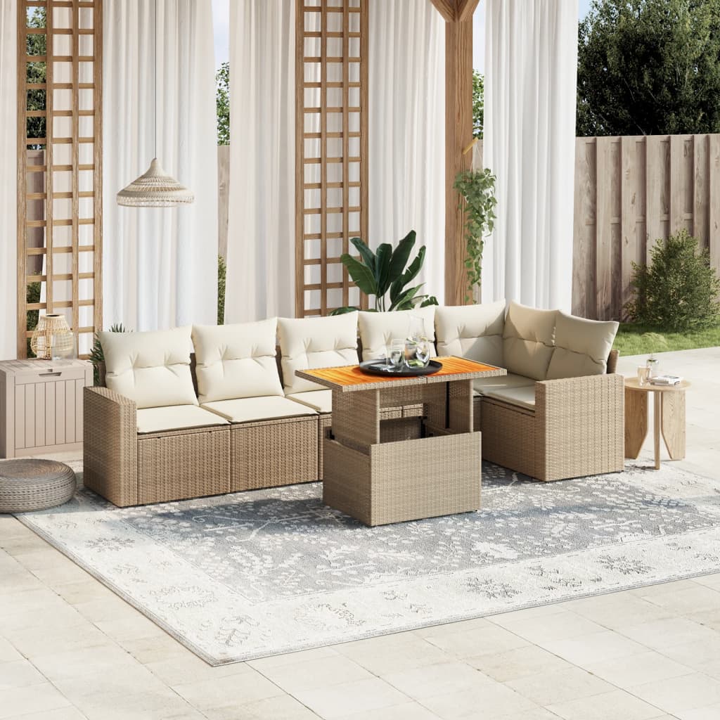 vidaXL 7-tlg. Garten-Sofagarnitur mit Kissen Beige Poly Rattan