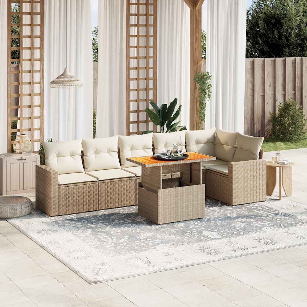 vidaXL 7-tlg. Garten-Sofagarnitur mit Kissen Beige Poly Rattan