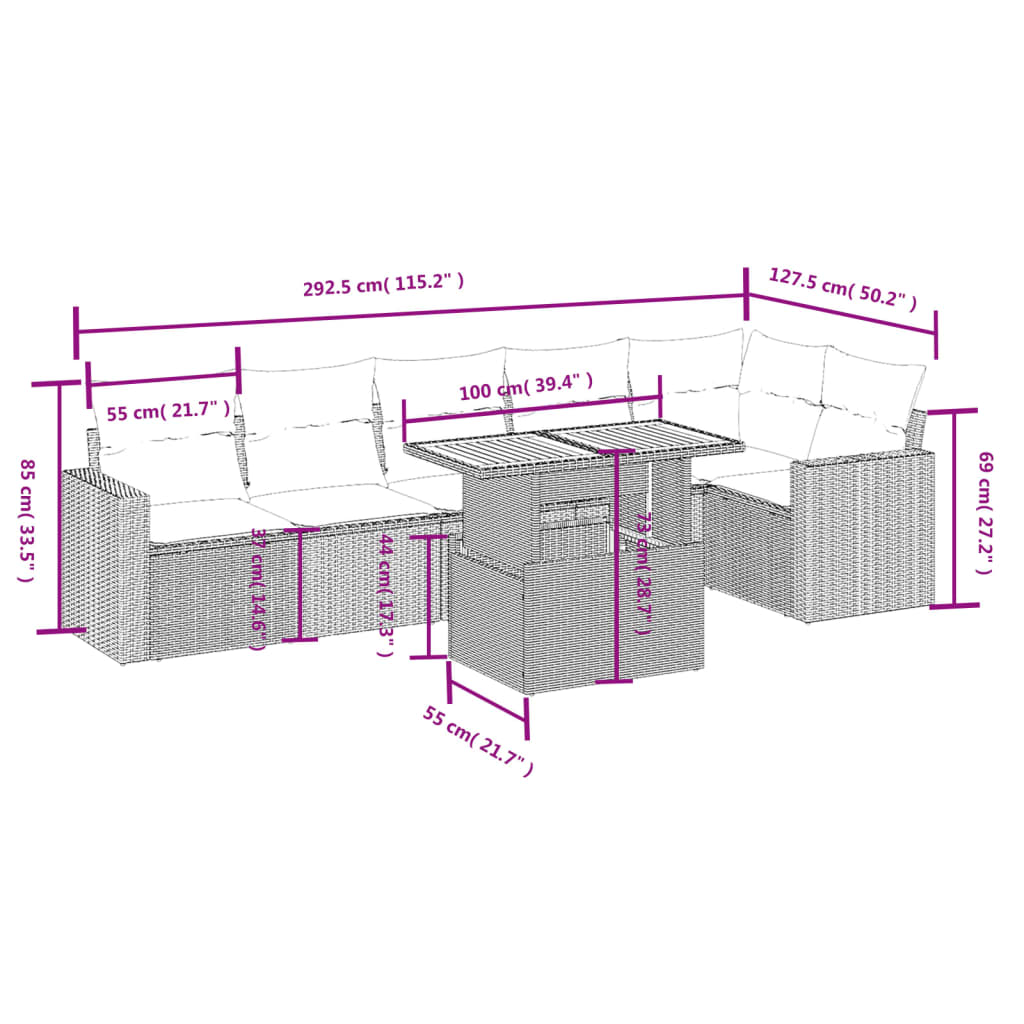 vidaXL 7-delige Loungeset met kussens poly rattan beige afbeelding