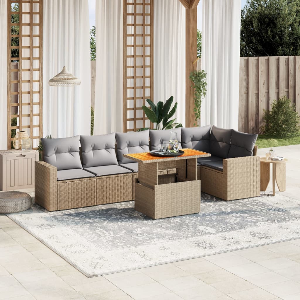 vidaXL 7-tlg. Garten-Sofagarnitur mit Kissen Beige Poly Rattan