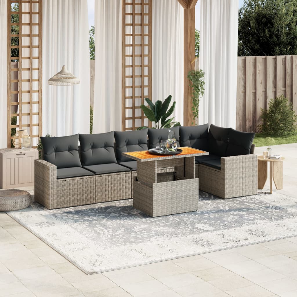 vidaXL 7-tlg. Garten-Sofagarnitur mit Kissen Grau Poly Rattan