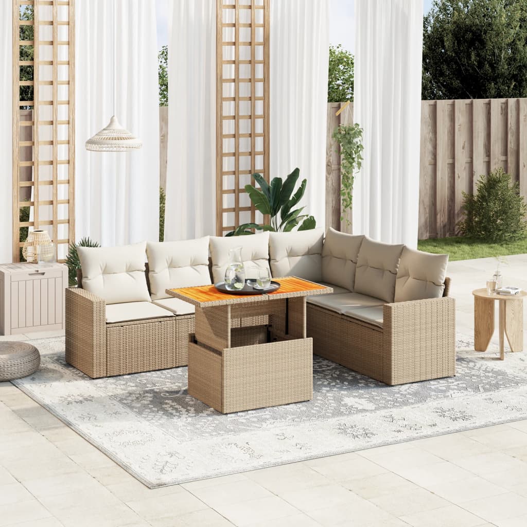 vidaXL 7-tlg. Garten-Sofagarnitur mit Kissen Beige Poly Rattan