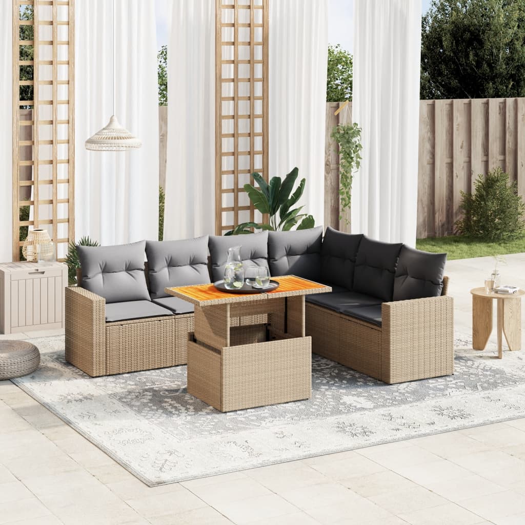 vidaXL 7-tlg. Garten-Sofagarnitur mit Kissen Beige Poly Rattan