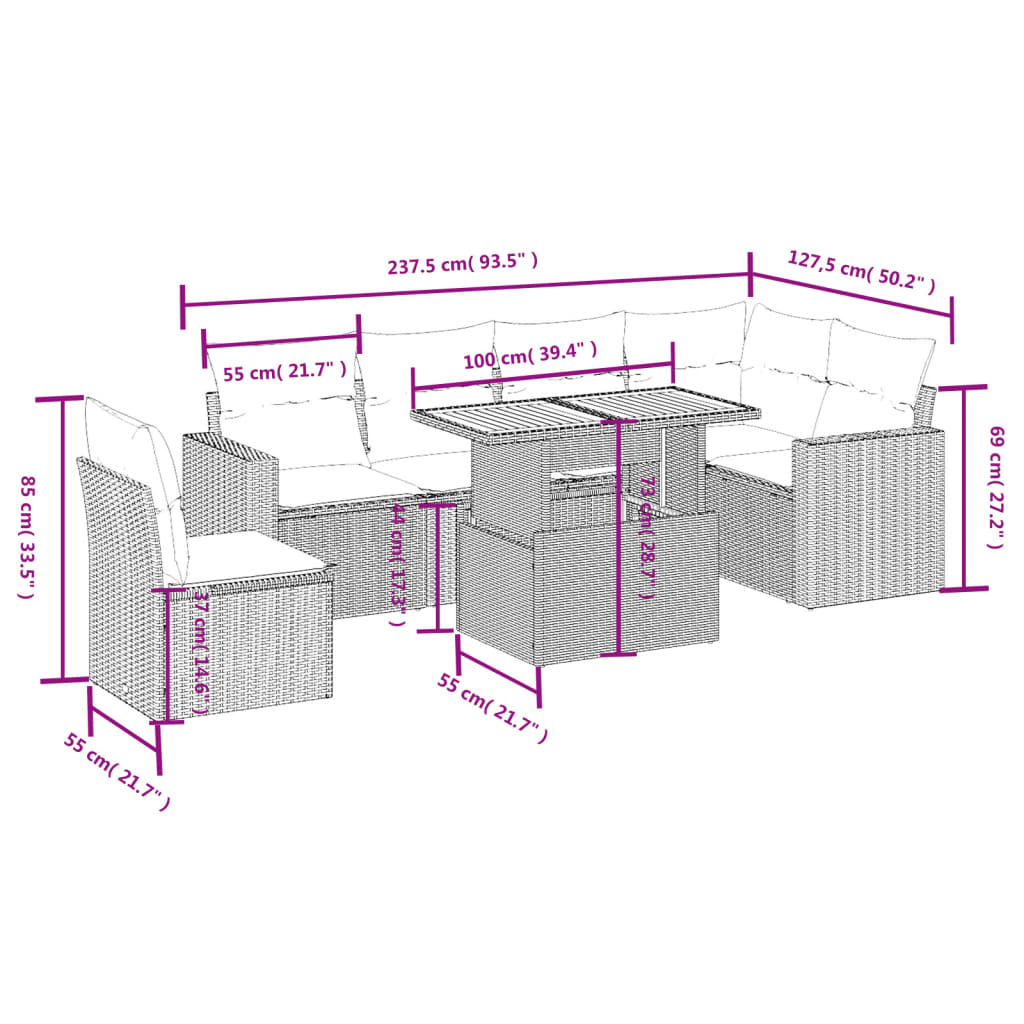 vidaXL 7-delige Loungeset met kussens poly rattan beige