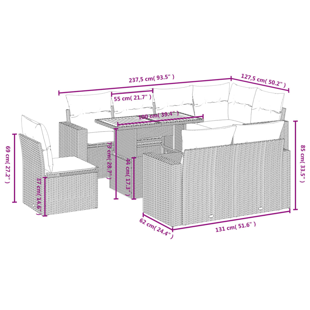 vidaXL 9-delige Loungeset met kussens poly rattan zwart afbeelding