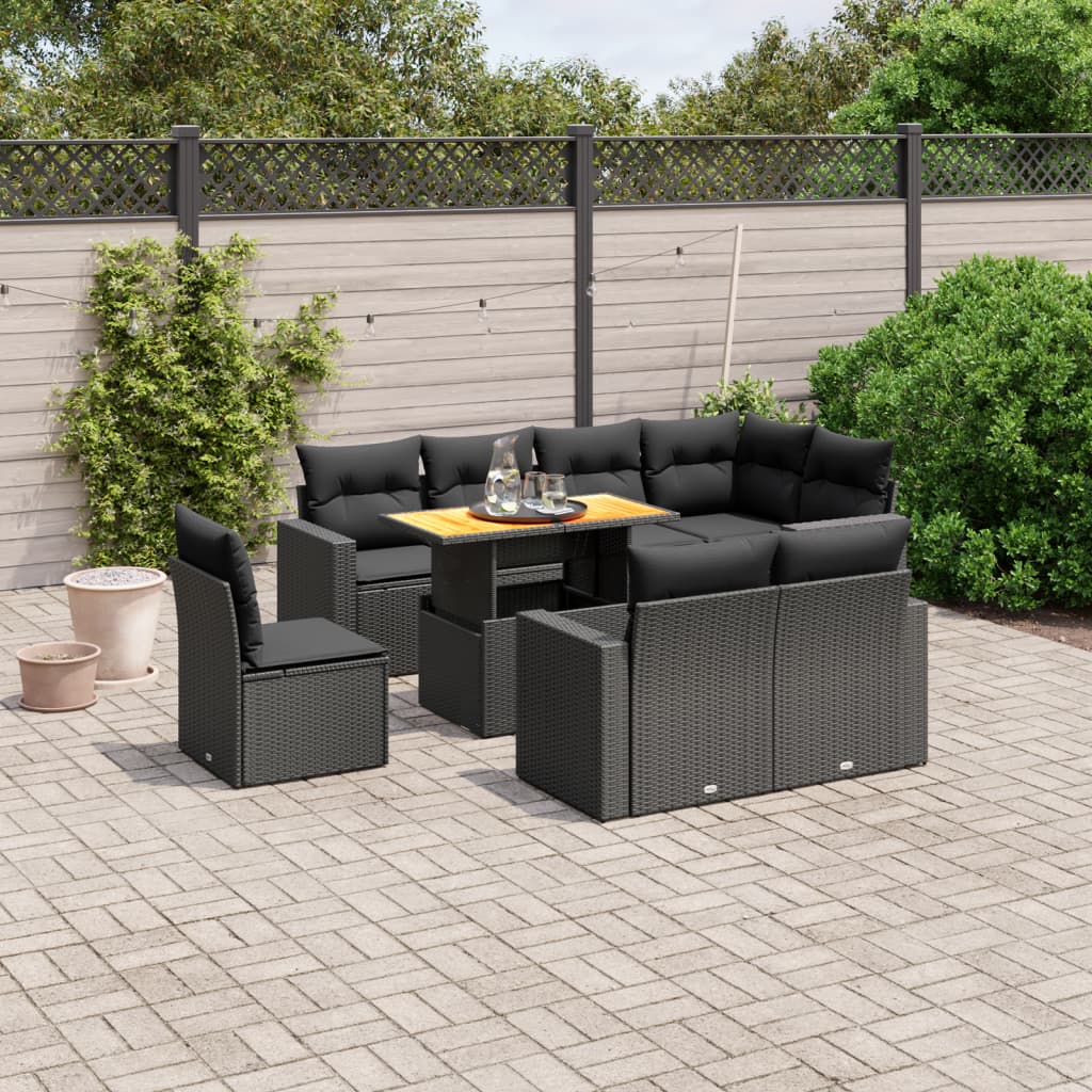 vidaXL 9-tlg. Garten-Sofagarnitur mit Kissen Schwarz Poly Rattan