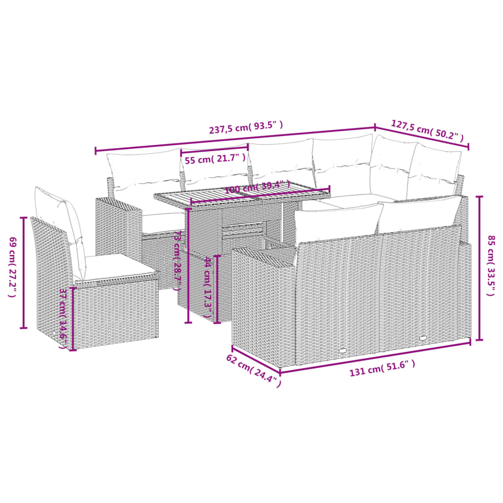 vidaXL 9-delige Loungeset met kussens poly rattan beige