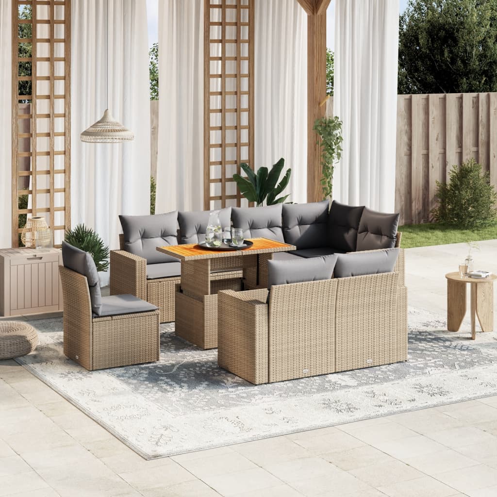 vidaXL 9-tlg. Garten-Sofagarnitur mit Kissen Beige Poly Rattan