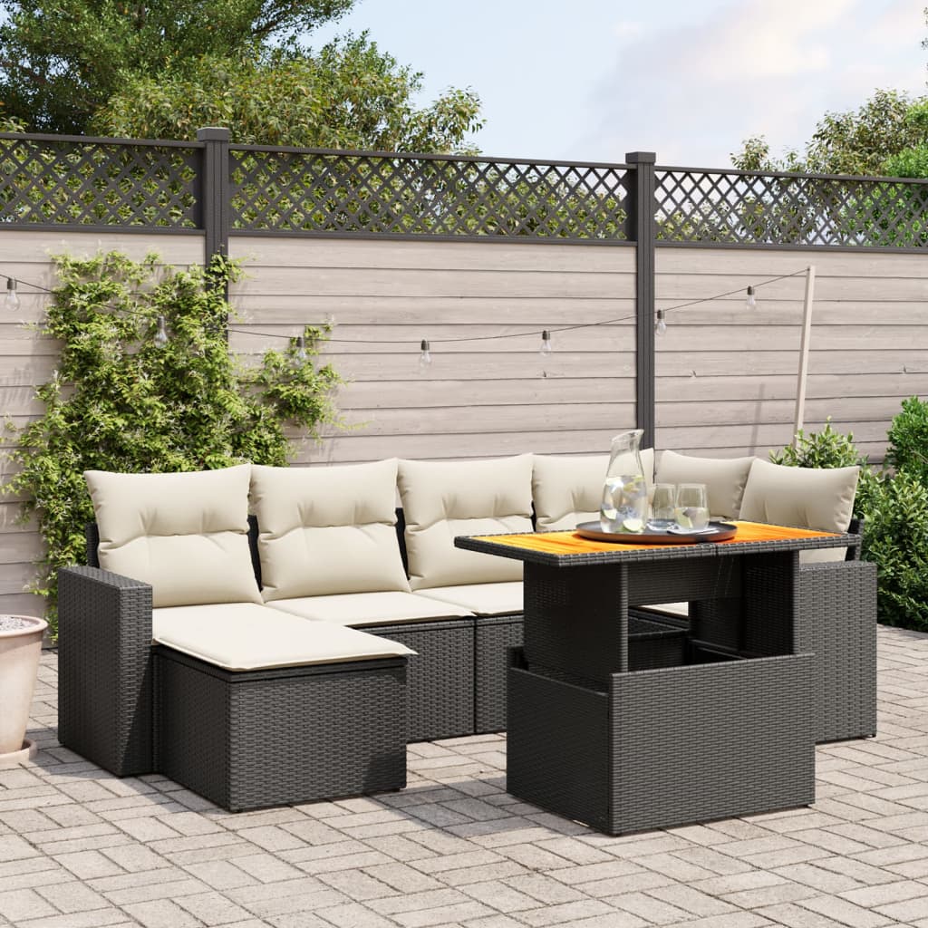 vidaXL 7-tlg. Garten-Sofagarnitur mit Kissen Schwarz Poly Rattan