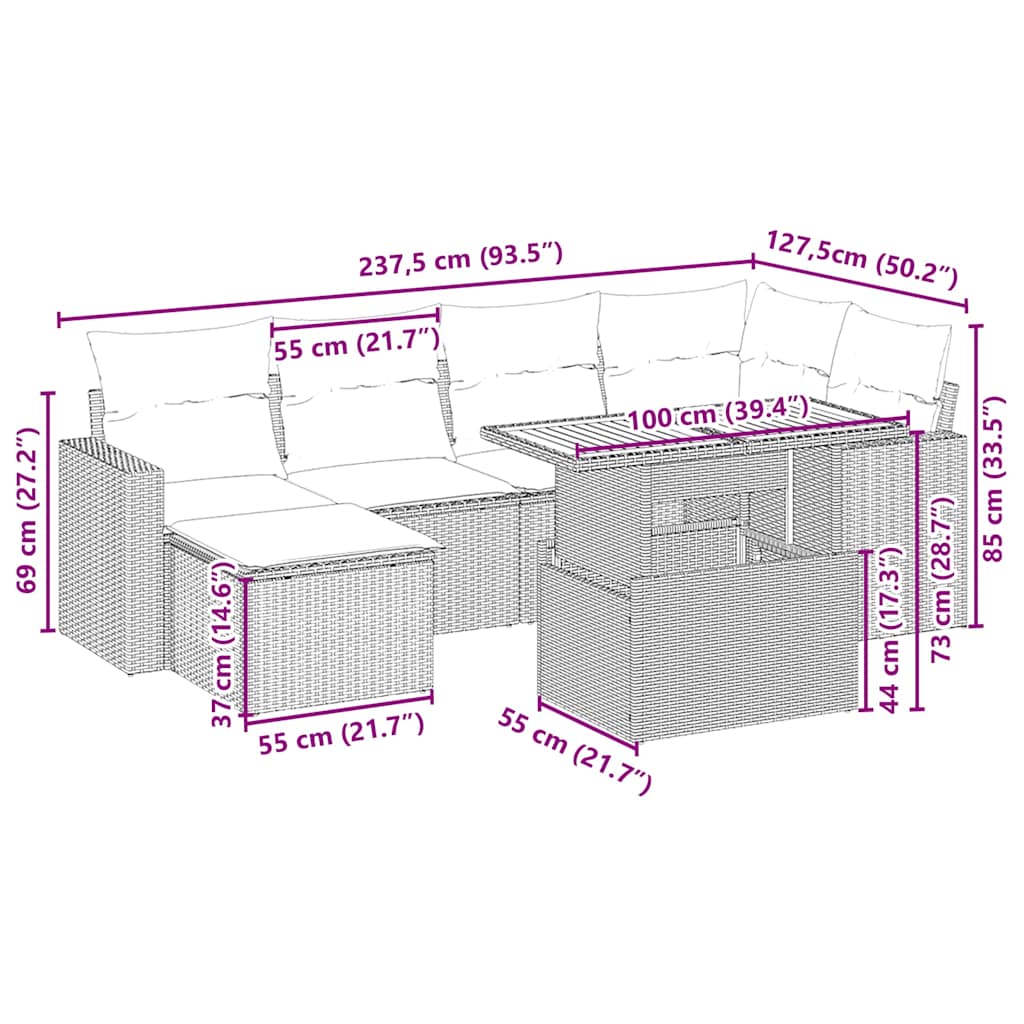 vidaXL 7-delige Loungeset met kussens poly rattan beige afbeelding