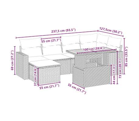 vidaXL 7-tlg. Garten-Sofagarnitur mit Kissen Beige Poly Rattan