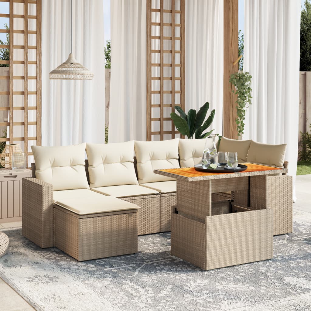 vidaXL 7-tlg. Garten-Sofagarnitur mit Kissen Beige Poly Rattan