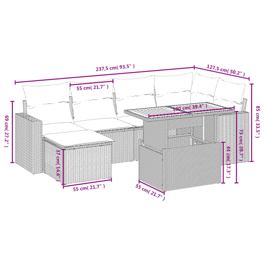 vidaXL 7-delige Loungeset met kussens poly rattan beige afbeelding