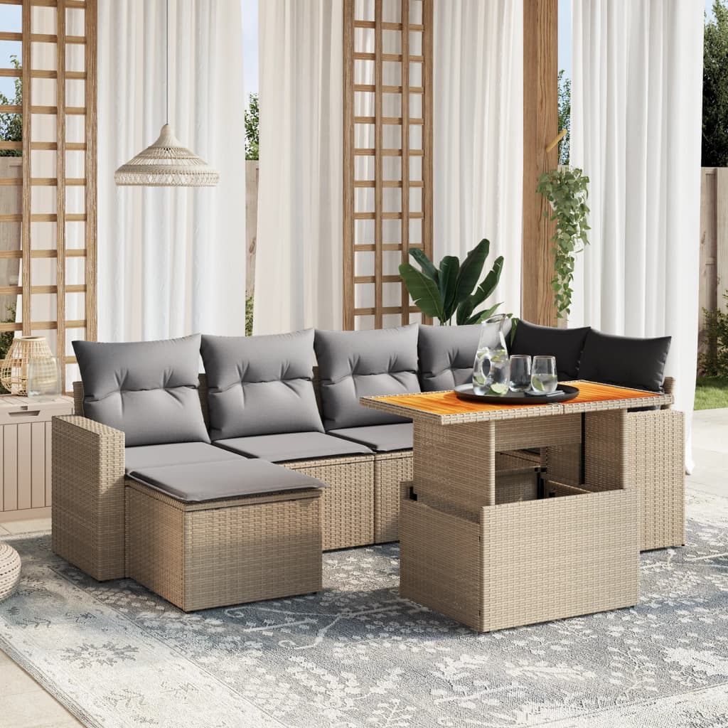 vidaXL 7-tlg. Garten-Sofagarnitur mit Kissen Beige Poly Rattan