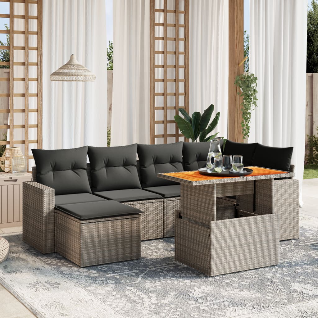 vidaXL 7-tlg. Garten-Sofagarnitur mit Kissen Grau Poly Rattan