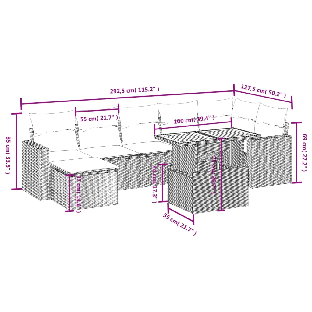 vidaXL 8-delige Loungeset met kussens poly rattan beige