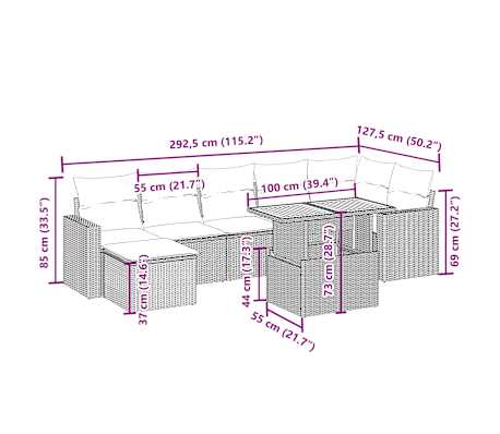 vidaXL Set canapele de grădină, 8 piese, cu perne, bej, poliratan