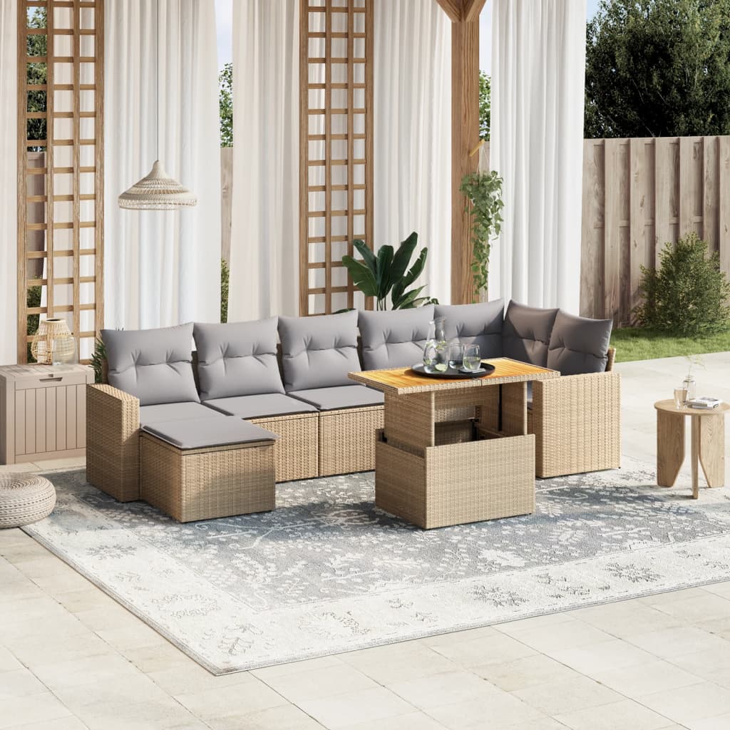 vidaXL 8-tlg. Garten-Sofagarnitur mit Kissen Beige Poly Rattan