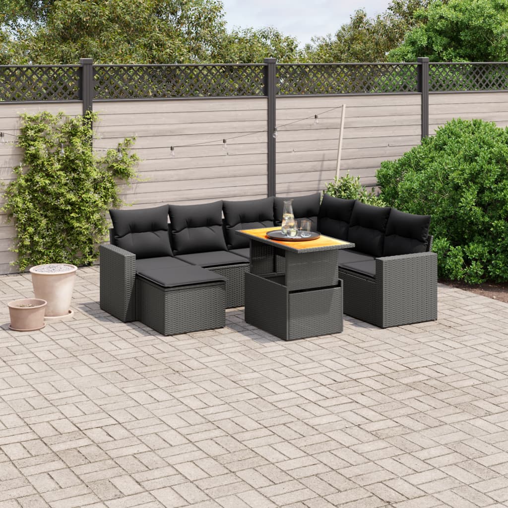 8-tlg. Garten-Sofagarnitur mit Kissen Schwarz Poly Rattan