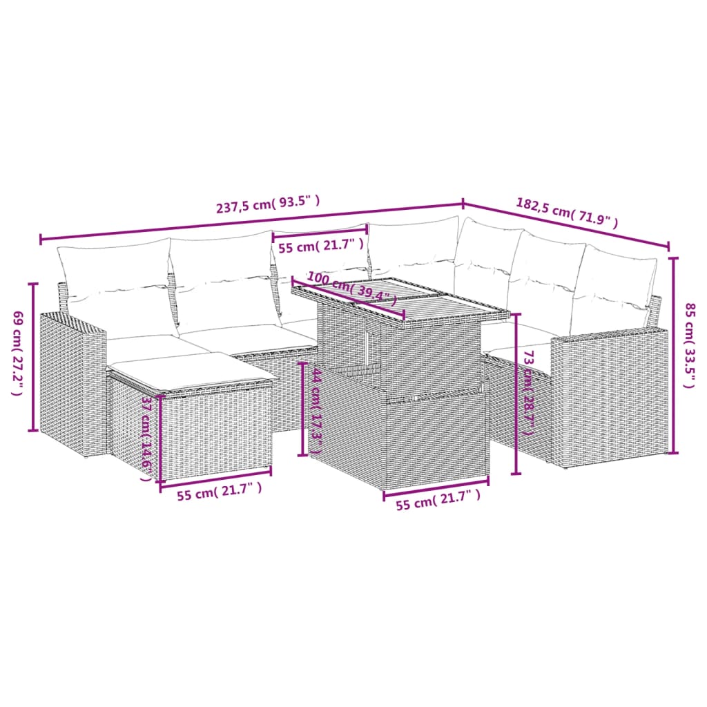 vidaXL 8-delige Loungeset met kussens poly rattan beige