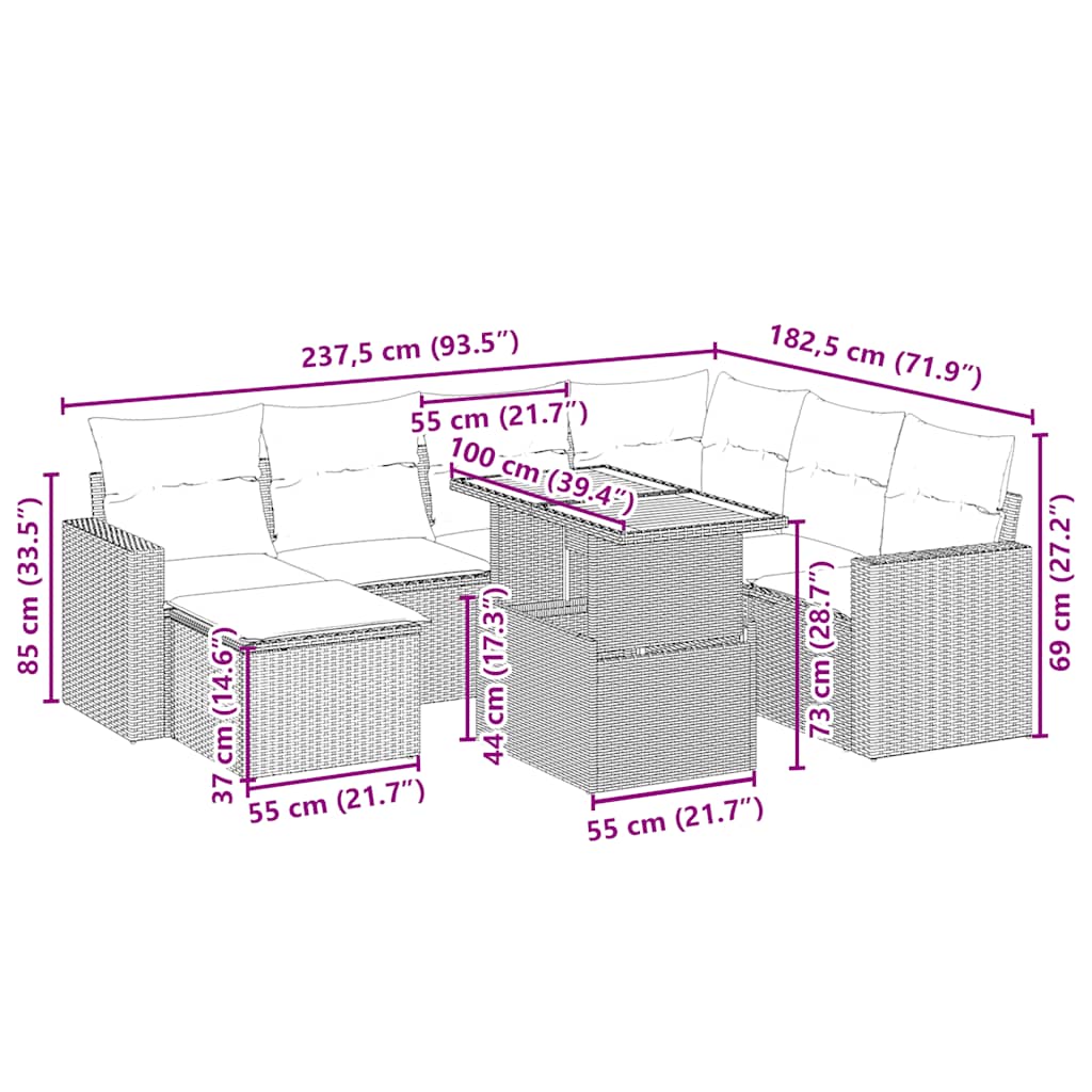 vidaXL 8-delige Loungeset met kussens poly rattan beige afbeelding