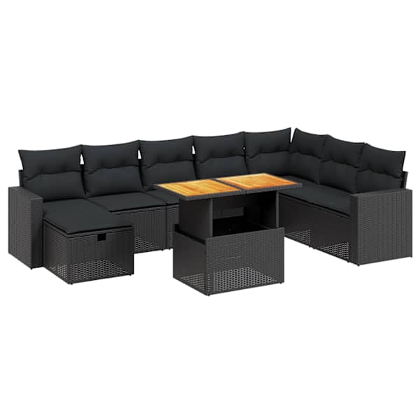 vidaXL 9-osaline aiadiivani komplekt patjadega, must, pol&uuml;rotang