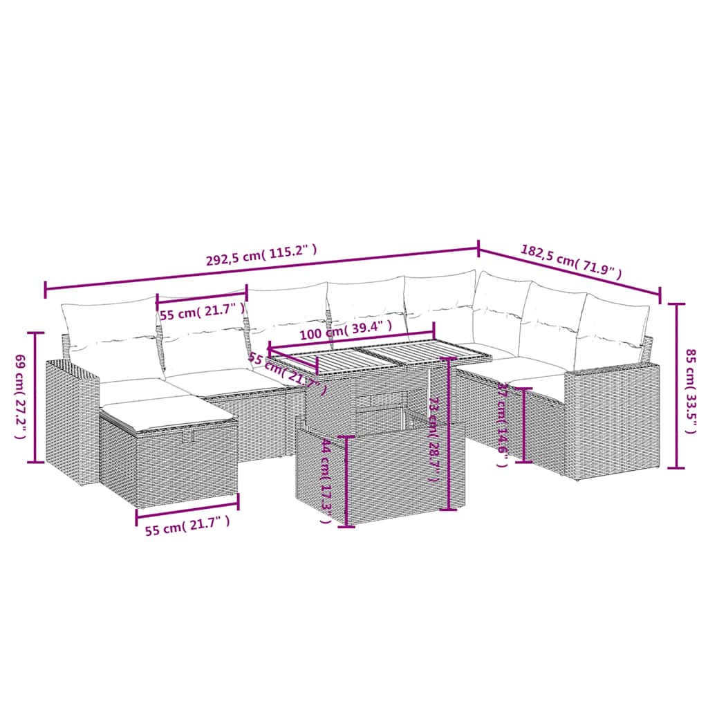 Set mobilier de grădină cu perne, 9 piese, negru, poliratan 3271447 - imagine 3