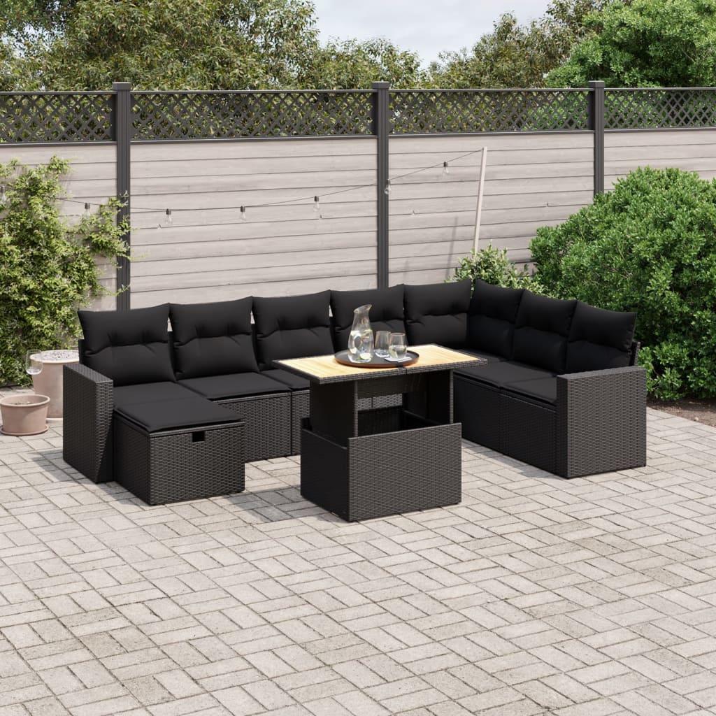 vidaXL 9-tlg. Garten-Sofagarnitur mit Kissen Schwarz Poly Rattan