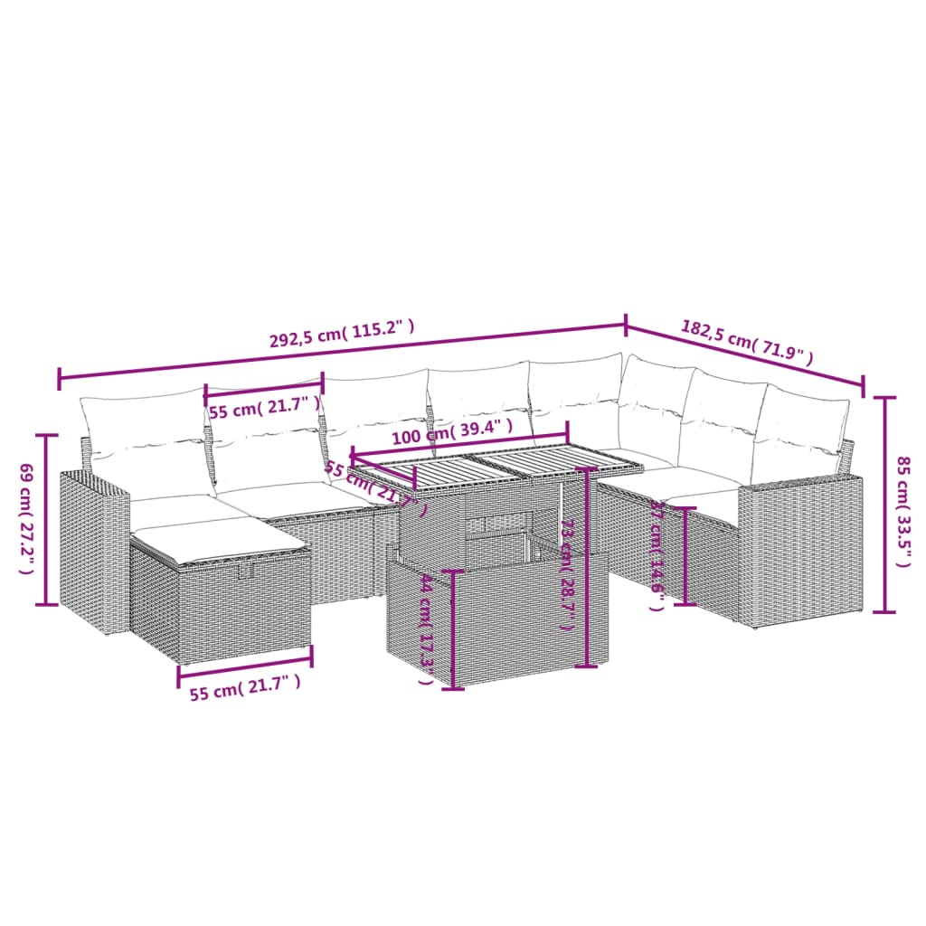 Set mobilier de grădină cu perne, 9 piese, negru, poliratan 3271448 - imagine 3
