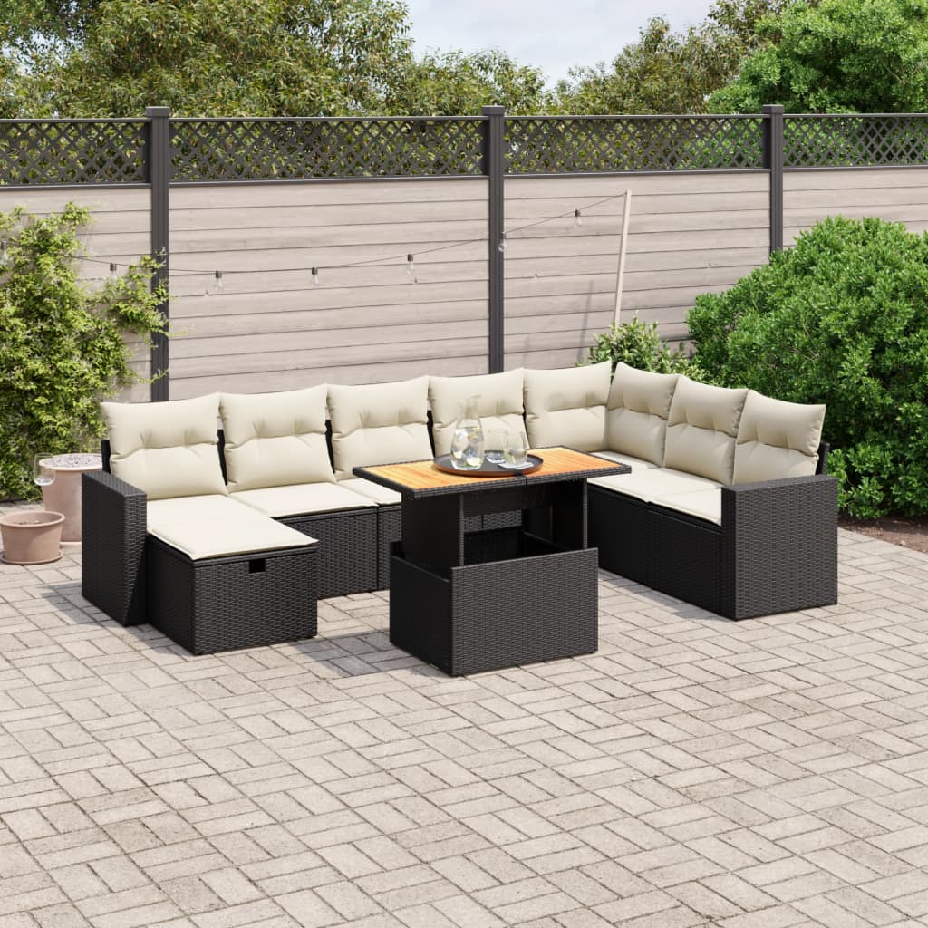 vidaXL 9-tlg. Garten-Sofagarnitur mit Kissen Schwarz Poly Rattan