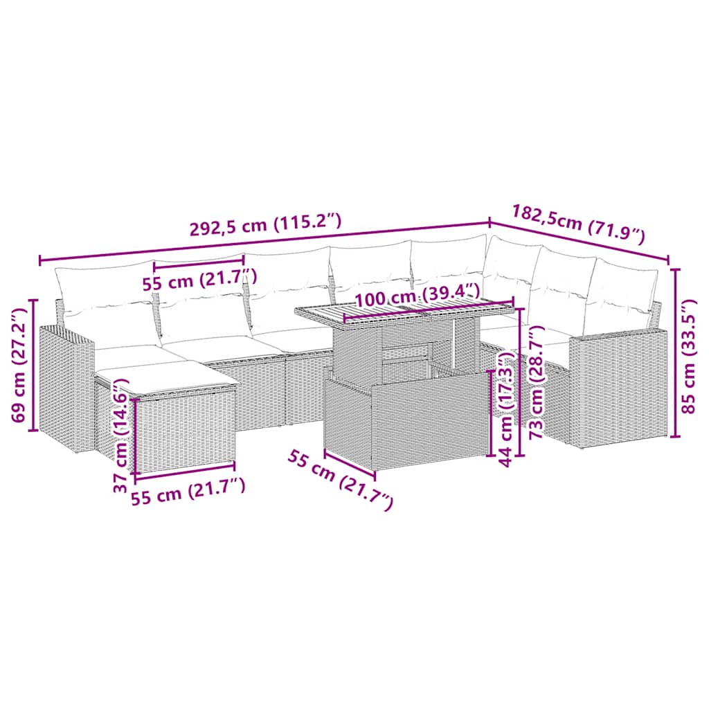 vidaXL 9-delige Loungeset met kussens poly rattan beige afbeelding