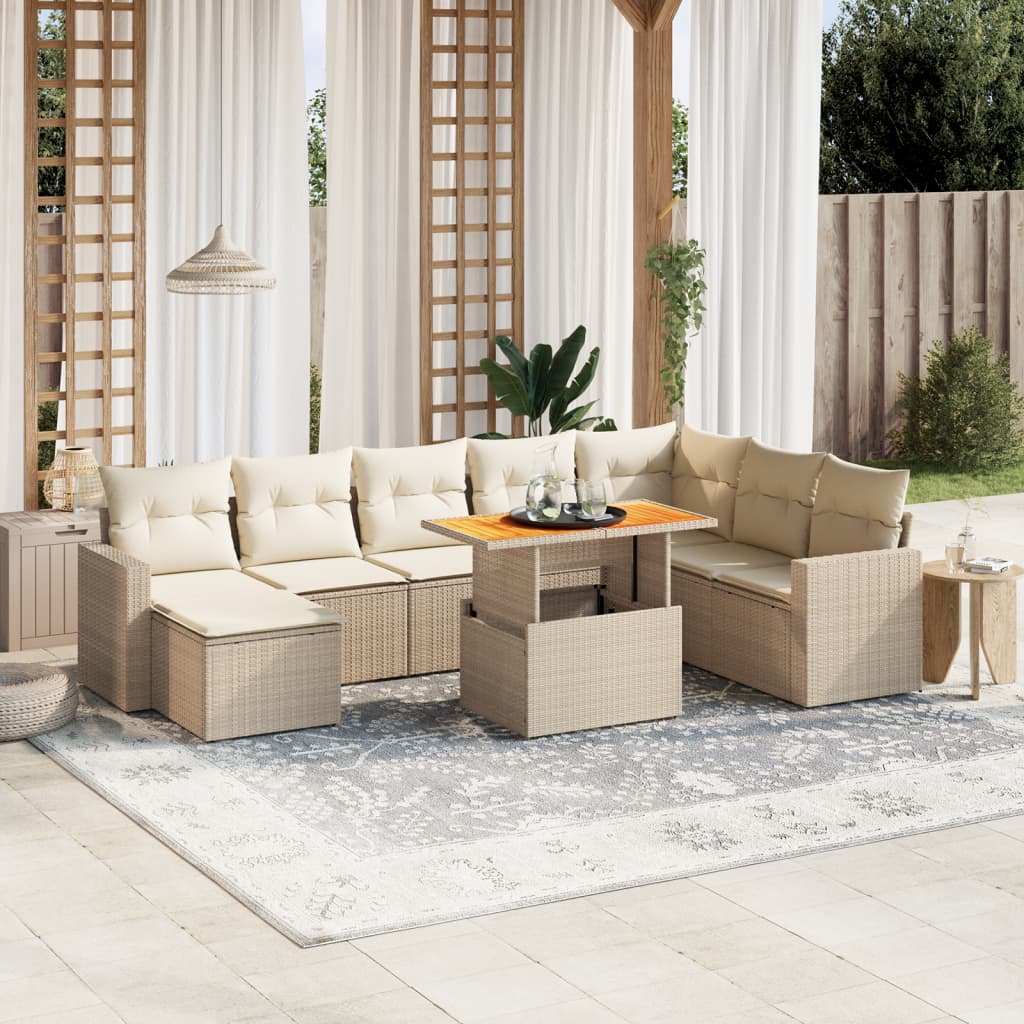 vidaXL 9-tlg. Garten-Sofagarnitur mit Kissen Beige Poly Rattan