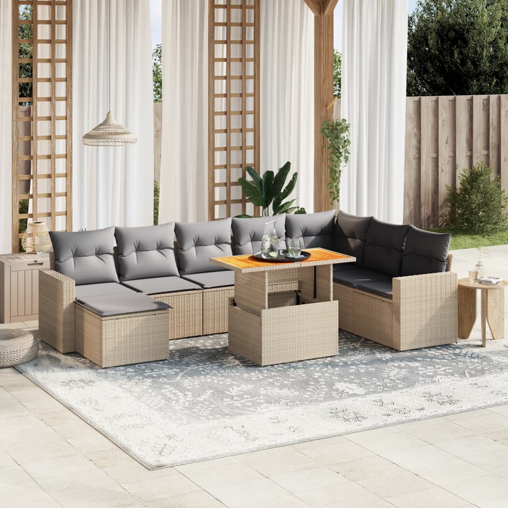 vidaXL 9-tlg. Garten-Sofagarnitur mit Kissen Beige Poly Rattan