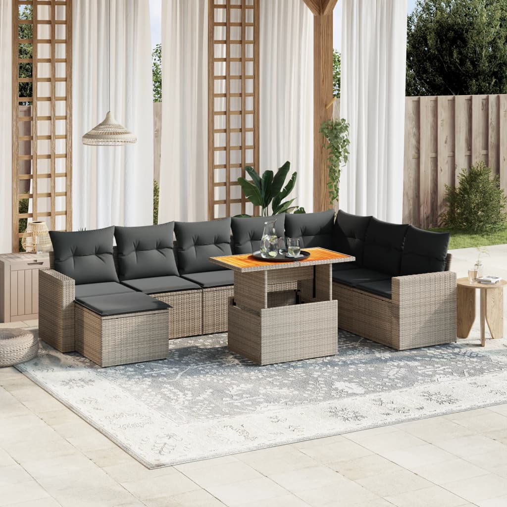 vidaXL 9-tlg. Garten-Sofagarnitur mit Kissen Grau Poly Rattan