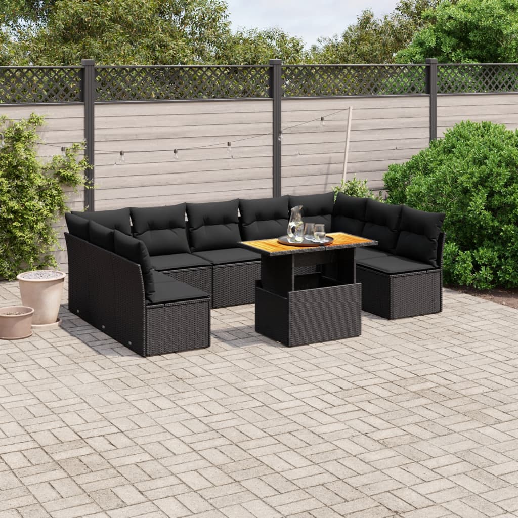 vidaXL 10-tlg. Garten-Sofagarnitur mit Kissen Schwarz Poly Rattan