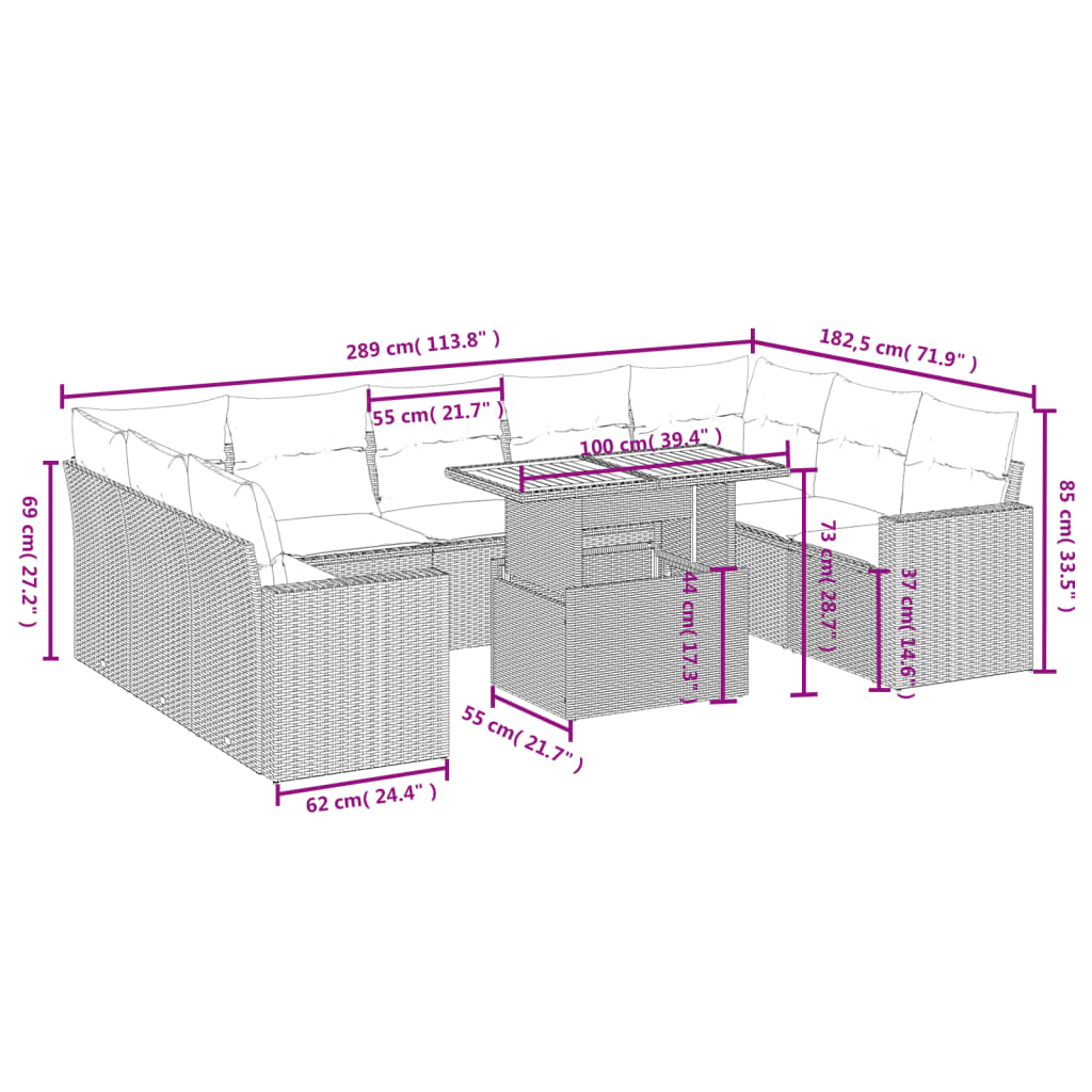 vidaXL 10-delige Loungeset met kussens poly rattan zwart afbeelding