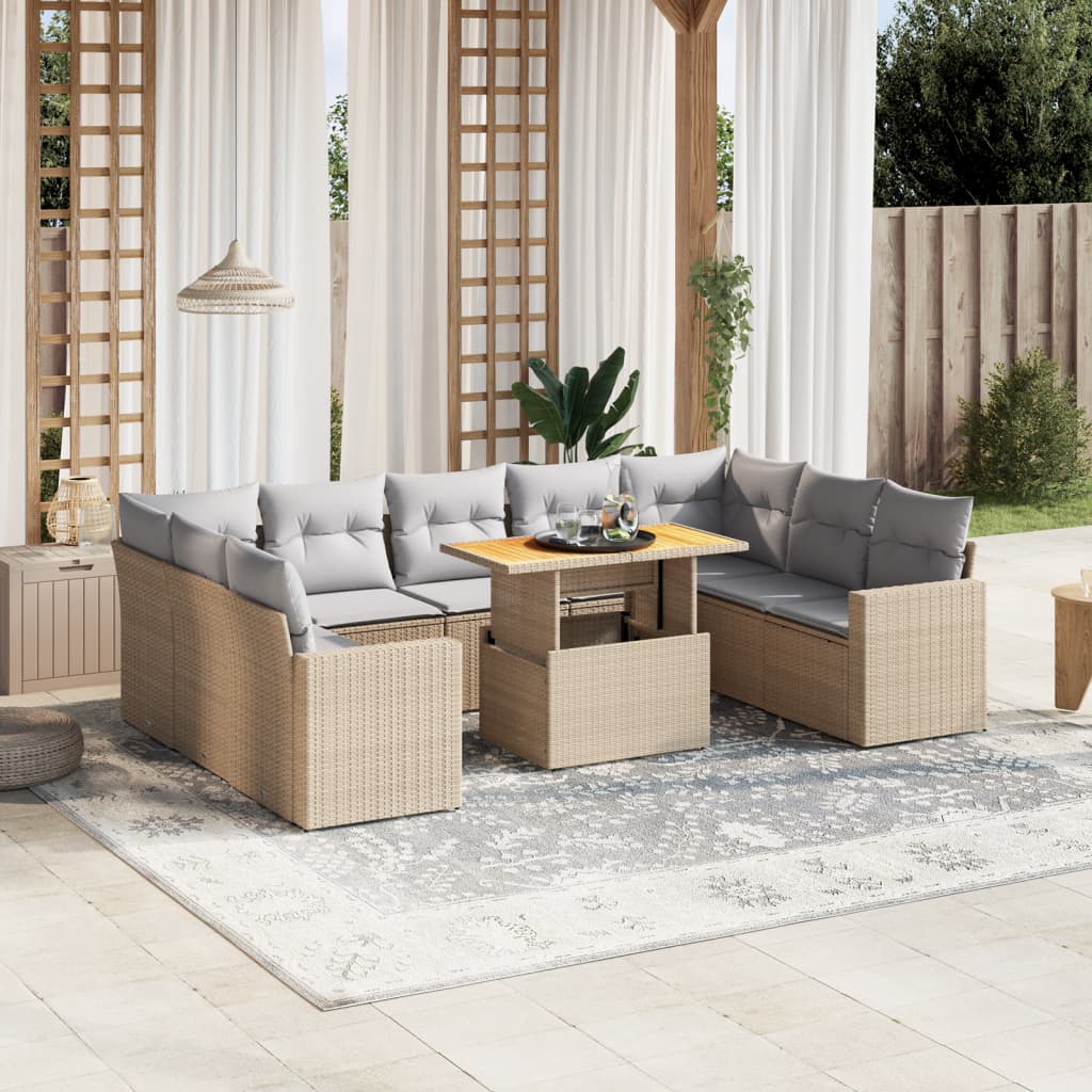 vidaXL 10-tlg. Garten-Sofagarnitur mit Kissen Beige Poly Rattan