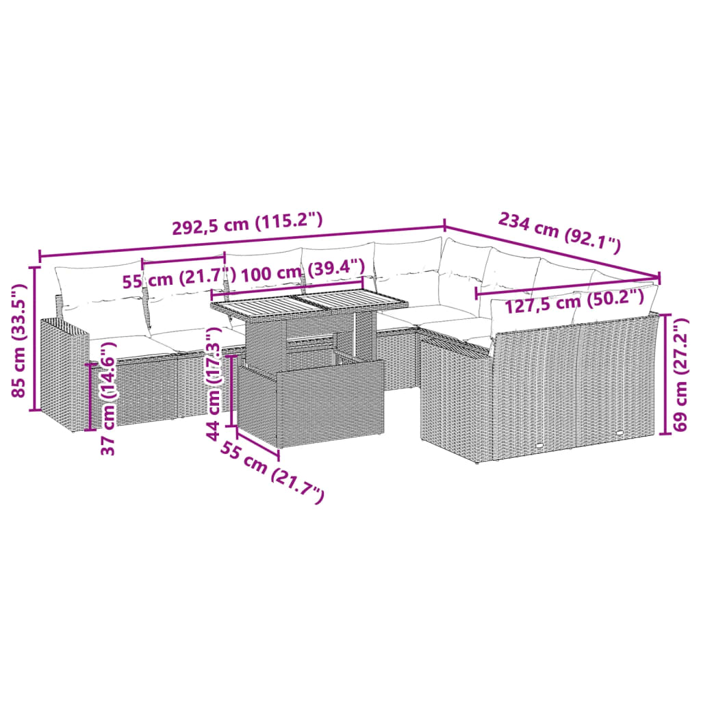 vidaXL 10-delige Loungeset met kussens poly rattan zwart afbeelding