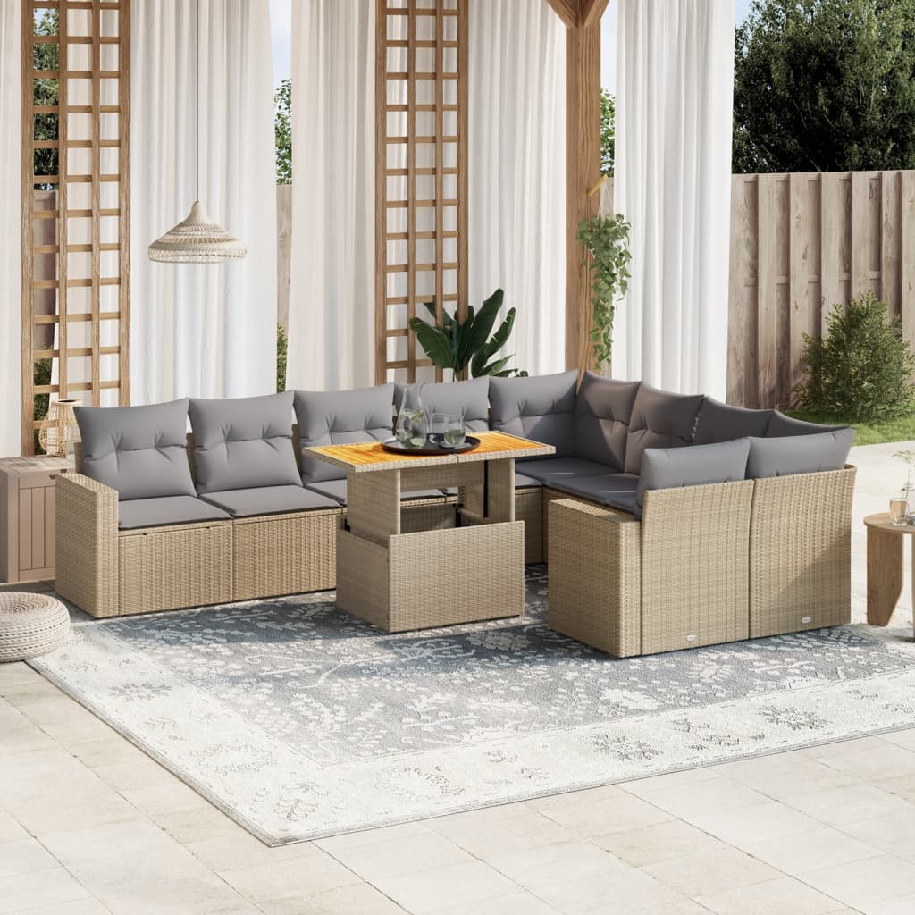 vidaXL 10-tlg. Garten-Sofagarnitur mit Kissen Beige Poly Rattan