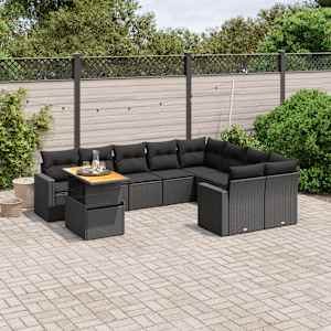 Vrtna sedežna garnitura 10-delna z blazinami črn poli ratan