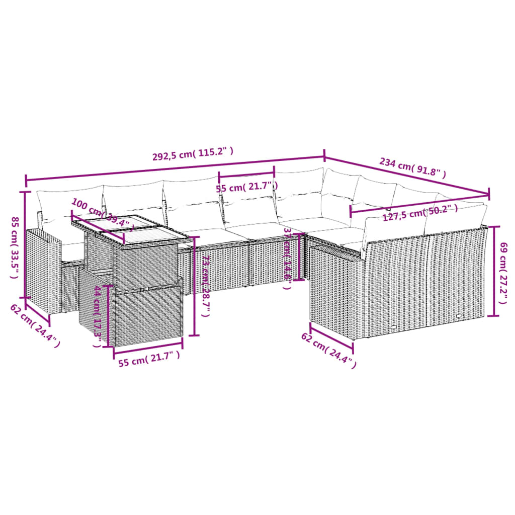 vidaXL 10-delige Loungeset met kussens poly rattan zwart afbeelding
