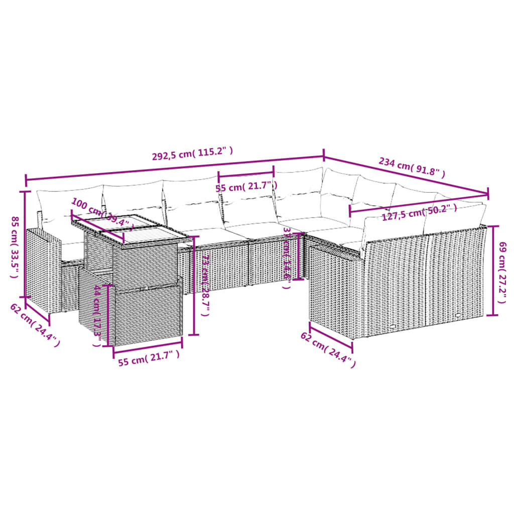 vidaXL 10-delige Loungeset met kussens poly rattan beige