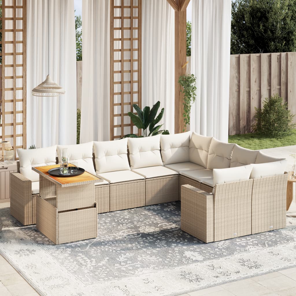 vidaXL 10-tlg. Garten-Sofagarnitur mit Kissen Beige Poly Rattan